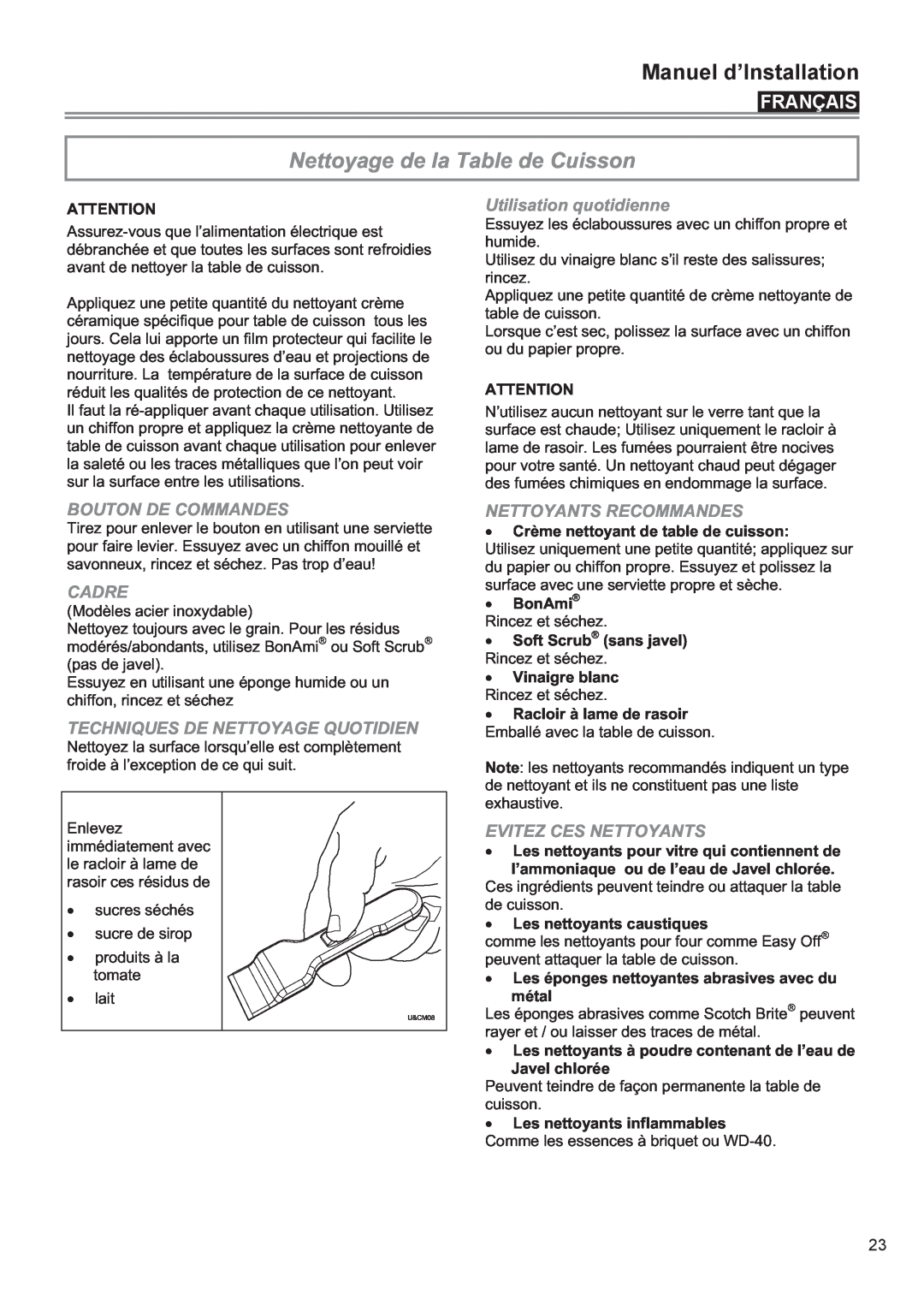 Bertazzoni P24 CER NE manual Nettoyage de la Table de Cuisson, Utilisation quotidienne, Bouton De Commandes, Cadre, BonAmi 