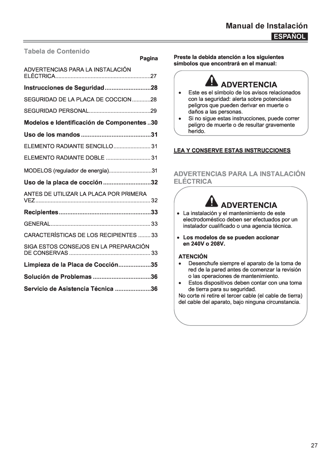 Bertazzoni P24 CER NE Español, Tabela de Contenido, Advertencias Para La Instalación, Eléctrica, Pagina, en 240V o 