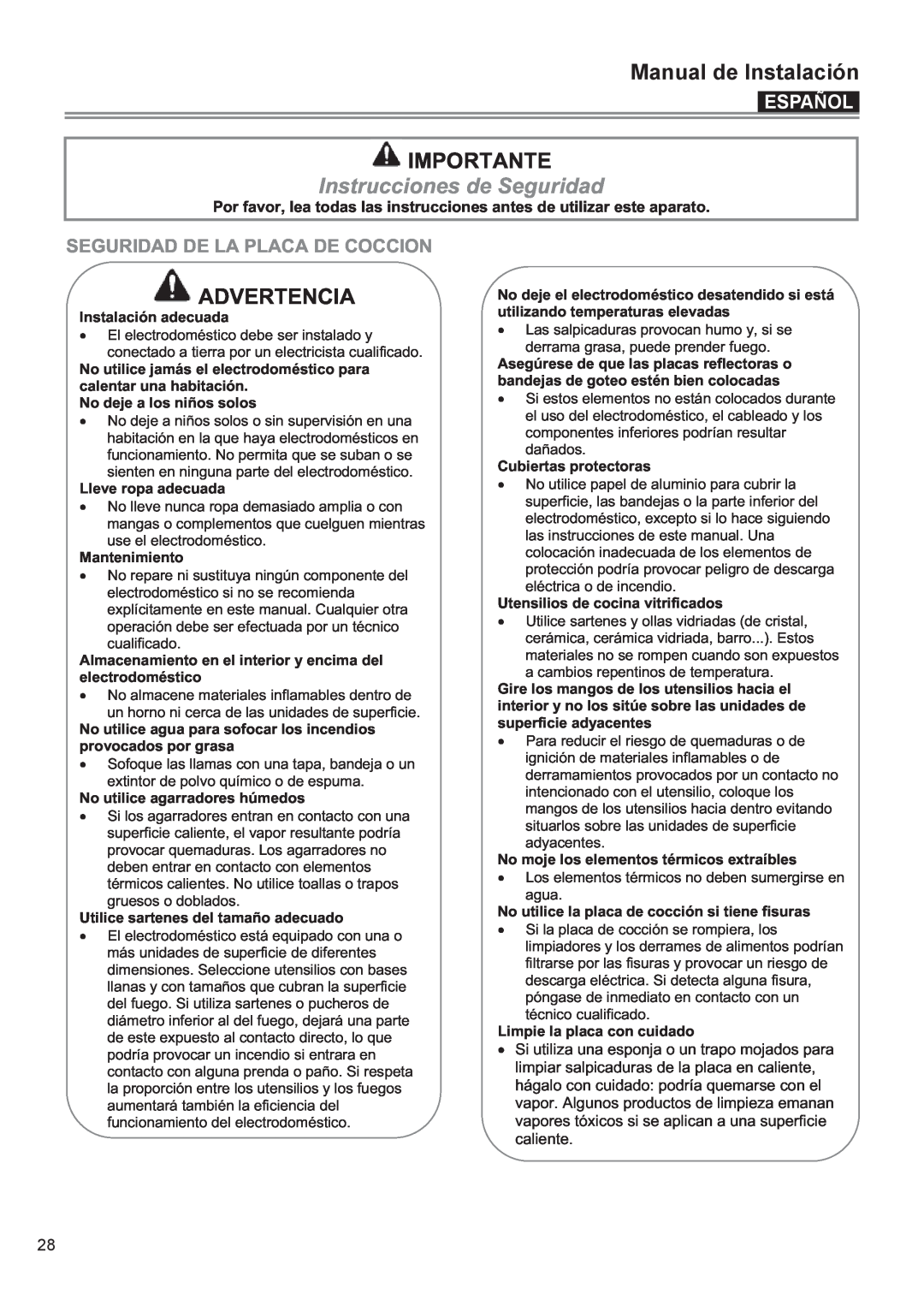Bertazzoni P30 CER NE Manual deManualuso & Mantenimientode Instalación, Importante, Instrucciones de Seguridad, Español 