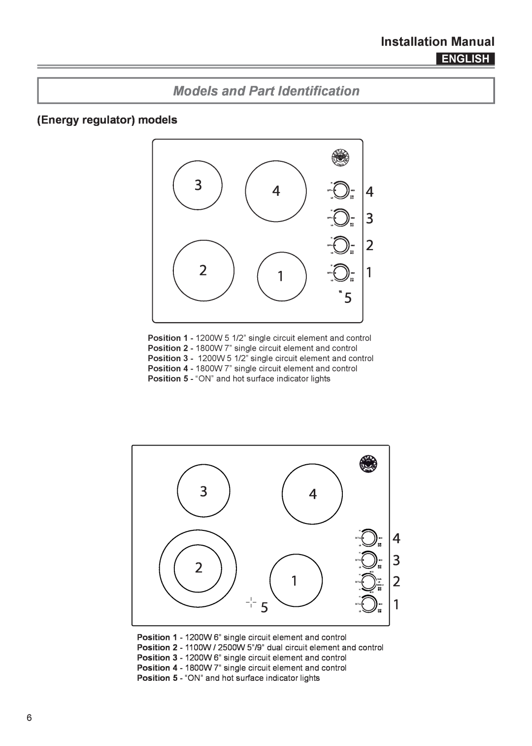 Bertazzoni P30 CER NE manual Models and Part Identification, Energy regulator models, UseInstallation& Care Manual, English 
