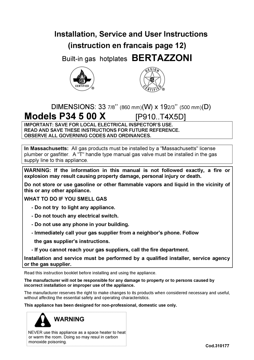 Bertazzoni P34 5 00 X dimensions Models P34 5 00 