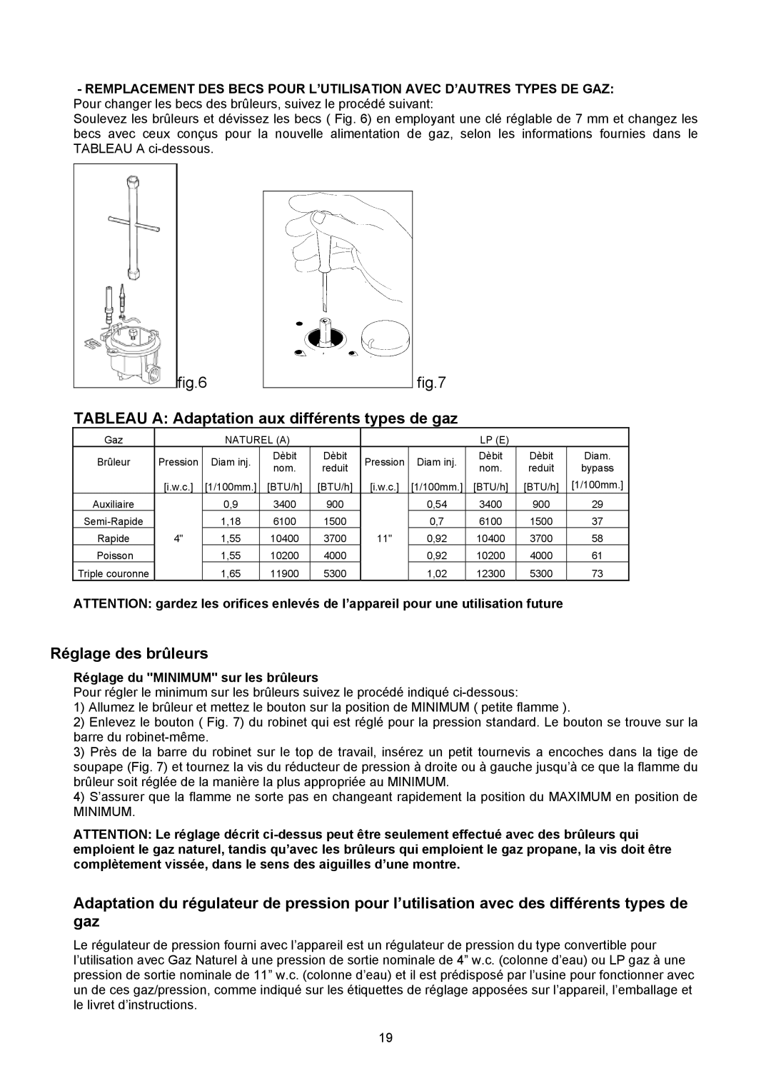 Bertazzoni P34 5 00 X dimensions Tableau a Adaptation aux différents types de gaz, Réglage des brûleurs 