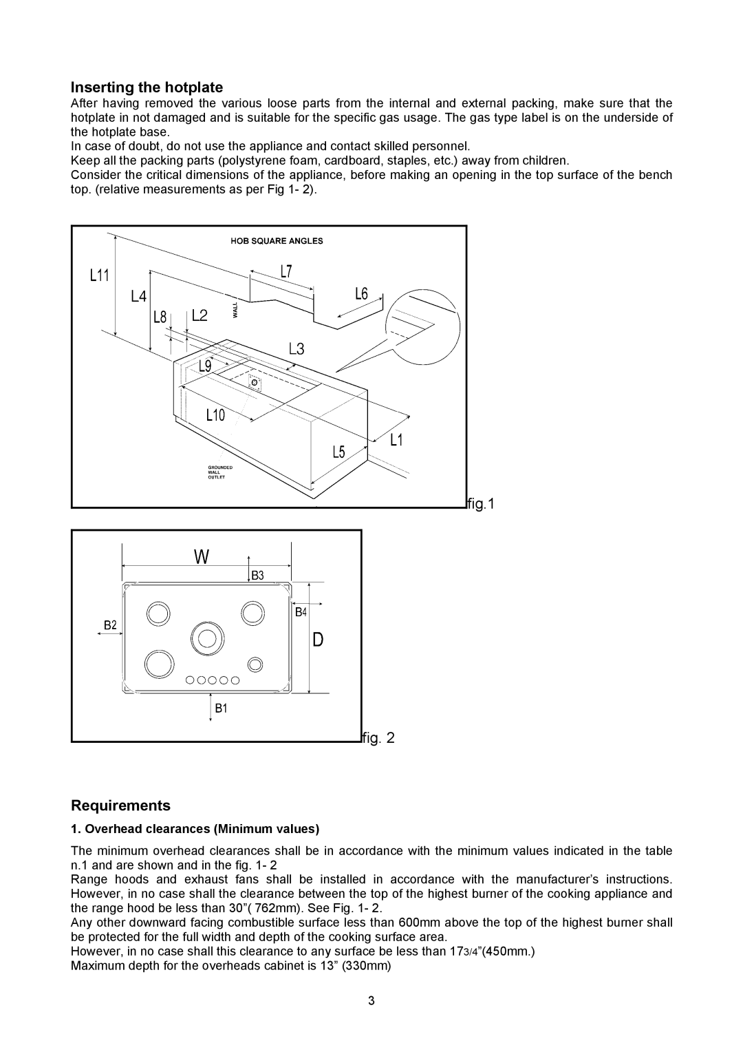 Bertazzoni P34 5 00 X dimensions Inserting the hotplate, Requirements, Overhead clearances Minimum values 