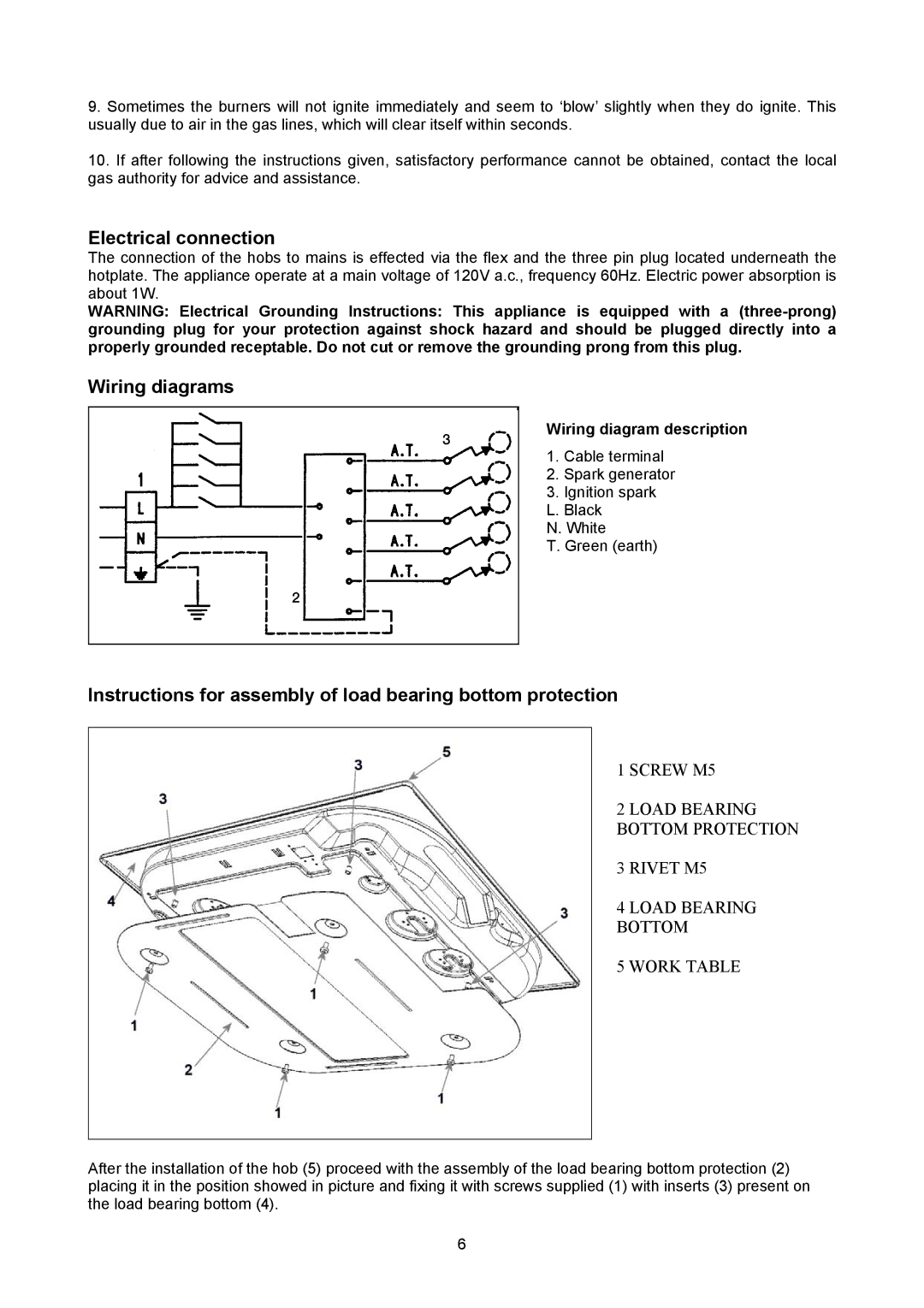 Bertazzoni P34 5 00 X Electrical connection, Wiring diagrams, Instructions for assembly of load bearing bottom protection 