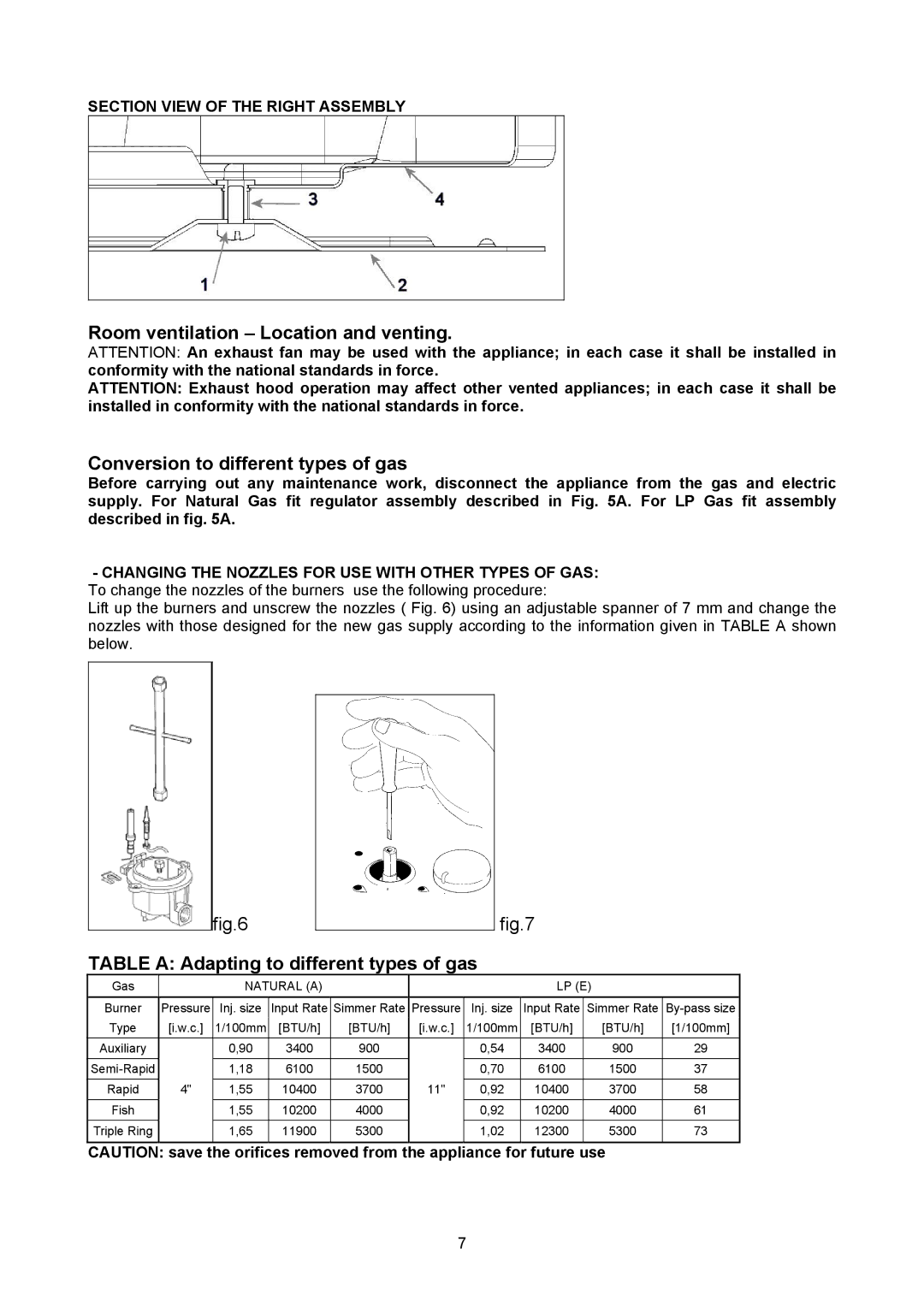 Bertazzoni P34 5 00 X dimensions Table a Adapting to different types of gas, Natural a 