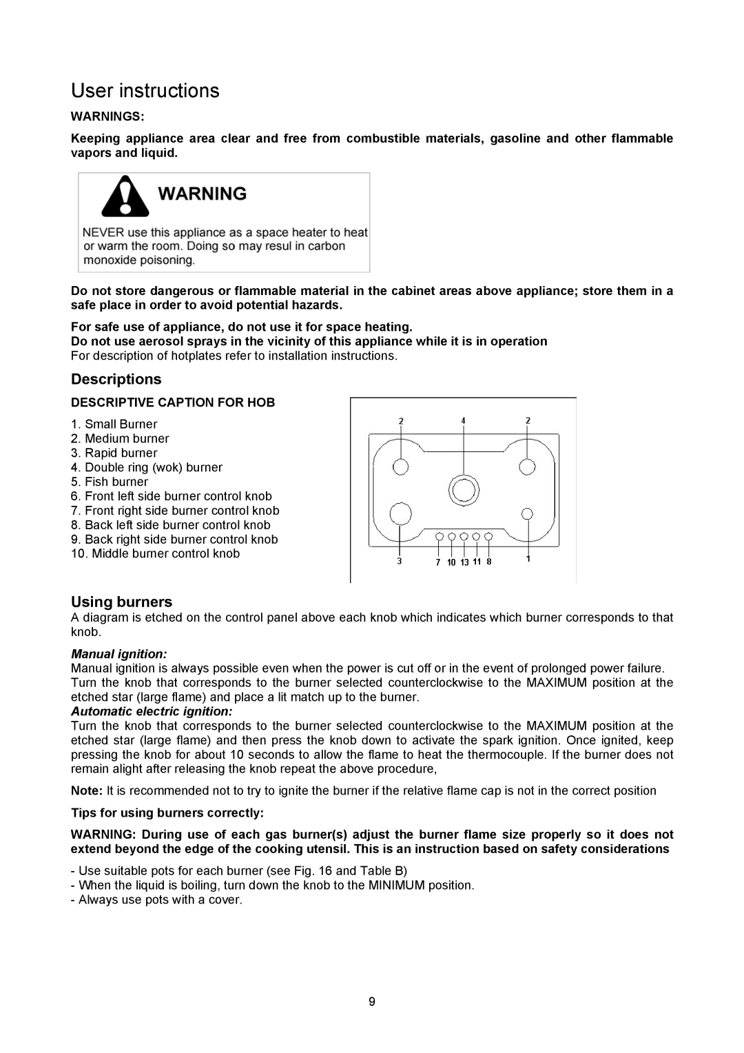 Bertazzoni P34 5 00 X dimensions User instructions, Descriptions, Using burners, Tips for using burners correctly 