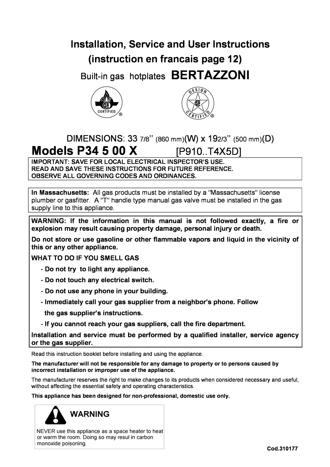 Bertazzoni P34 5 00 X dimensions Models P34, P910..T4X5D, Built-in gas hotplates BERTAZZONI 