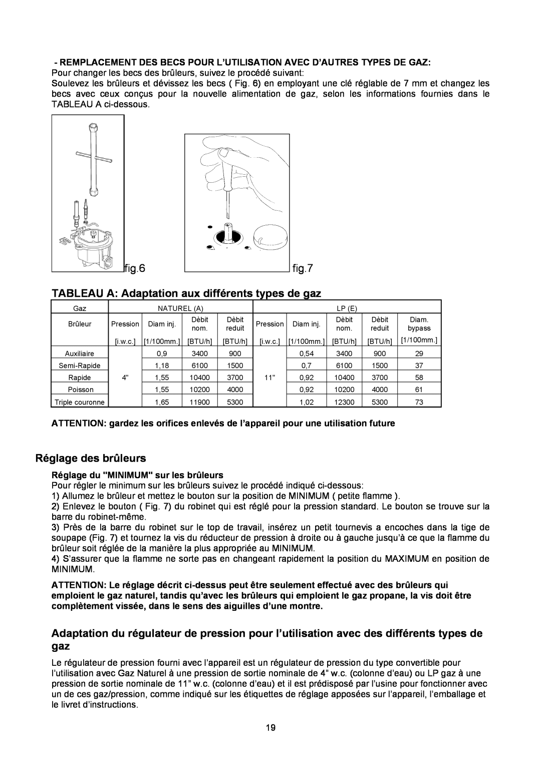 Bertazzoni P34 5 00 X dimensions TABLEAU A Adaptation aux différents types de gaz, Réglage des brûleurs 