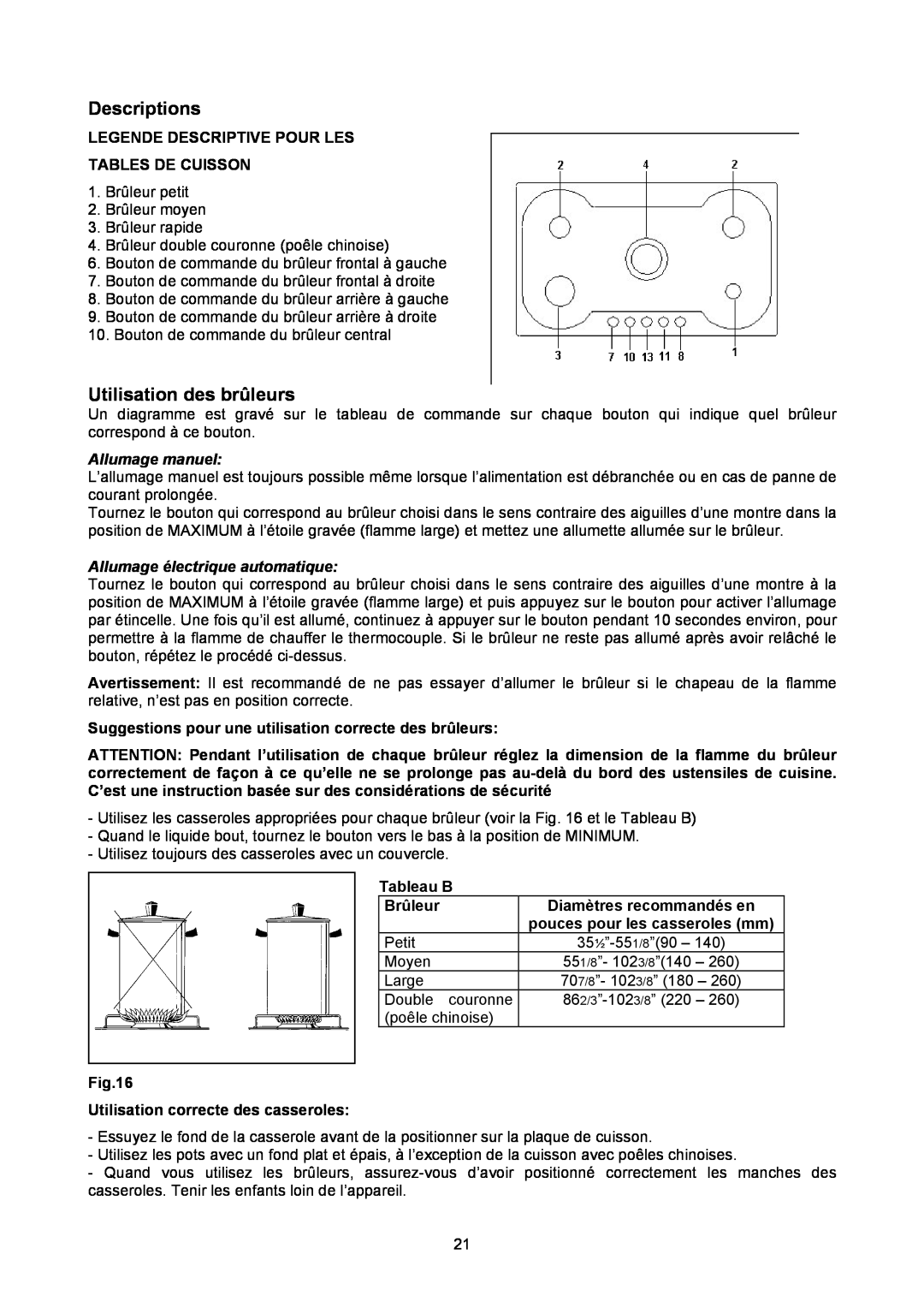 Bertazzoni P34 5 00 X Utilisation des brûleurs, Allumage manuel, Allumage électrique automatique, Descriptions, Tableau B 