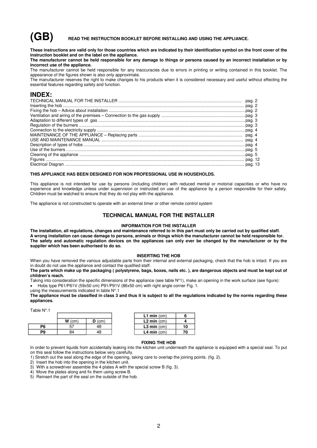 Bertazzoni P91/P91V Technical Manual for the Installer, Information for the Installer, Inserting the HOB, Fixing the HOB 