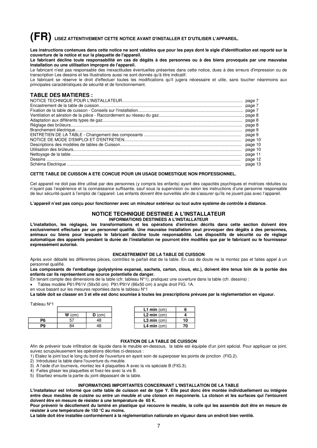 Bertazzoni P61/P61V manual Table DES Matieres, Informations Destinees a Linstallateur, Encastrement DE LA Table DE Cuisson 