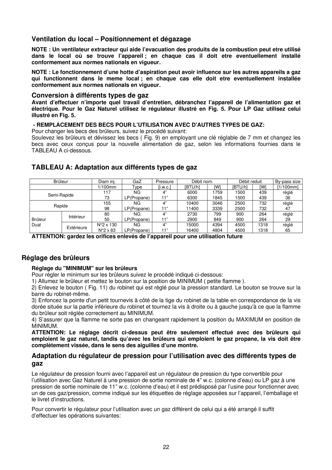 Bertazzoni PMMN...D7X, PM363I0X dimensions Tableau a Adaptation aux différents types de gaz, Réglage des brûleurs 