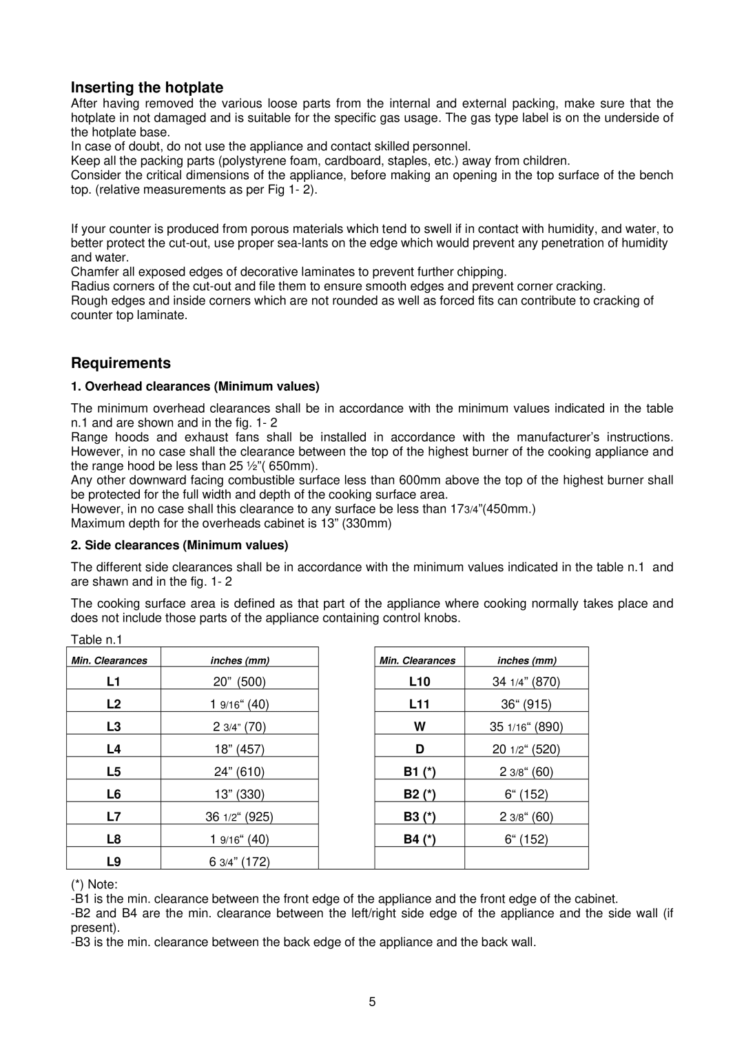 Bertazzoni PM363I0X, PMMN...D7X dimensions Inserting the hotplate, Requirements, Overhead clearances Minimum values, L10 L11 