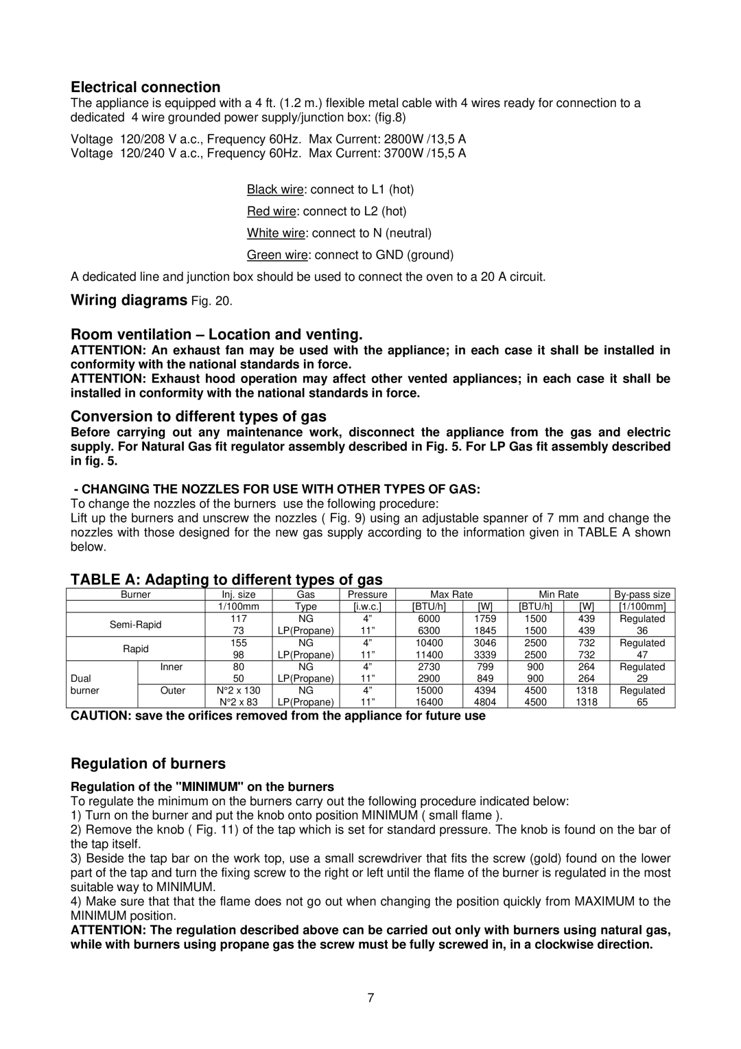 Bertazzoni PM363I0X, PMMN...D7X Electrical connection, Table a Adapting to different types of gas, Regulation of burners 