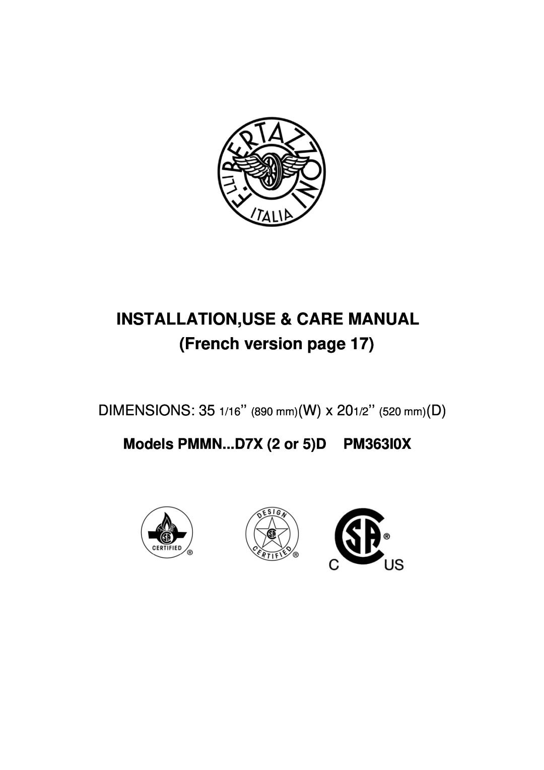 Bertazzoni dimensions INSTALLATION,USE & CARE MANUAL French version page, Models PMMN...D7X 2 or 5D PM363I0X 