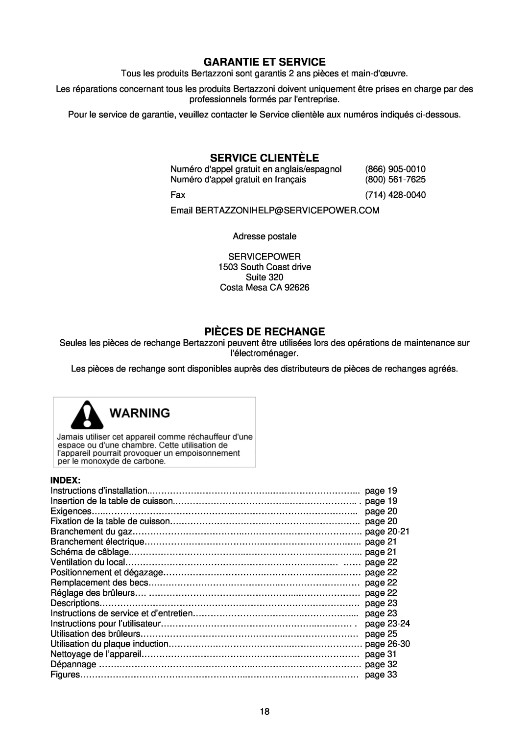 Bertazzoni PMMN...D7X, PM363I0X dimensions Garantie Et Service, Service Clientèle, Pièces De Rechange, Index 