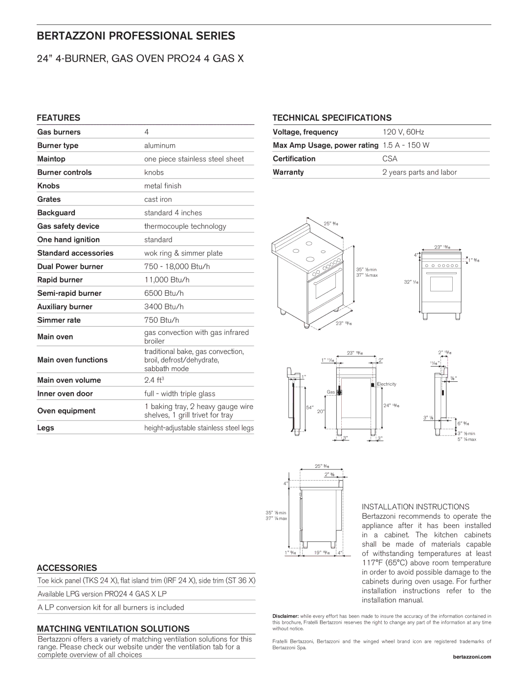 Bertazzoni PRO 24 4 GAS X manual Features, Technical Specifications, Accessories, Matching Ventilation Solutions 