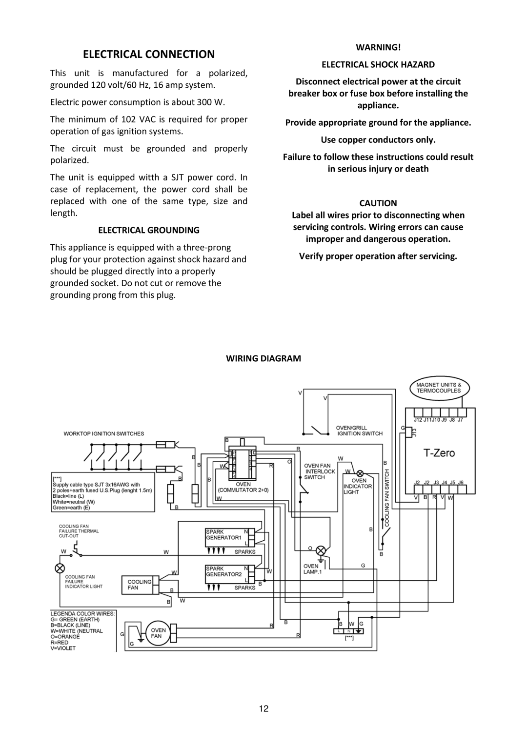 Bertazzoni PRO244GASX, MLS0GNU7X5AUA Electrical Connection, Electrical Grounding, Electrical Shock Hazard, Wiring Diagram 