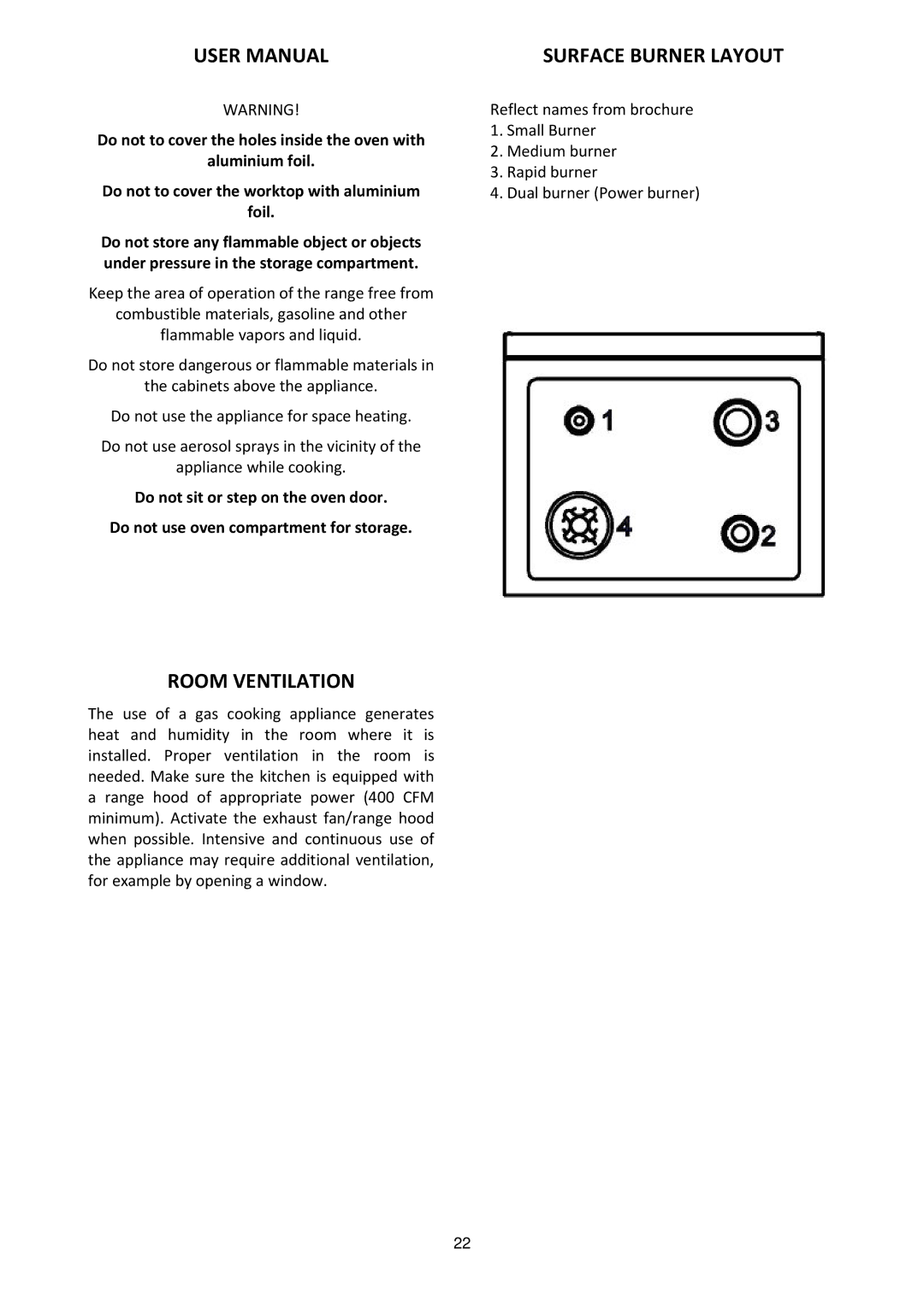 Bertazzoni PRO244GASX, MLS0GNU7X5AUA dimensions Surface Burner Layout, Room Ventilation 