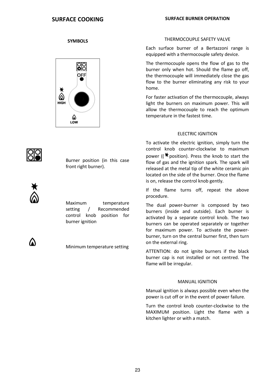 Bertazzoni MLS0GNU7X5AUA, PRO244GASX dimensions Surface Cooking, Symbols, Surface Burner Operation 