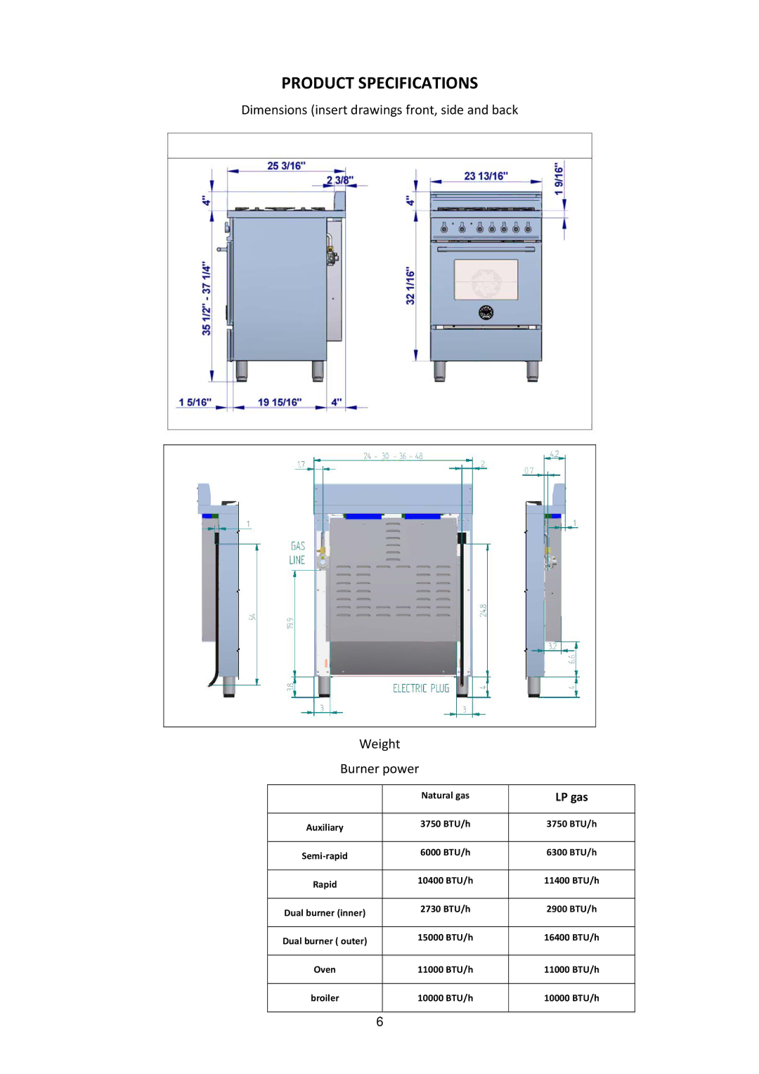 Bertazzoni PRO244GASX, MLS0GNU7X5AUA dimensions Product Specifications, LP gas 