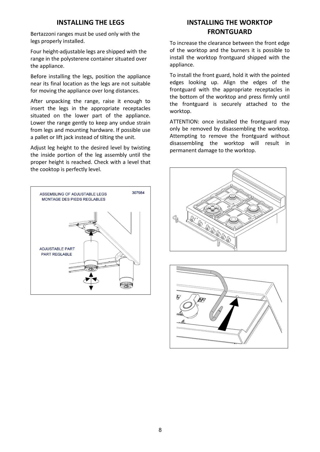 Bertazzoni PRO244GASX, MLS0GNU7X5AUA dimensions Installing the Legs, Installing the Worktop Frontguard 