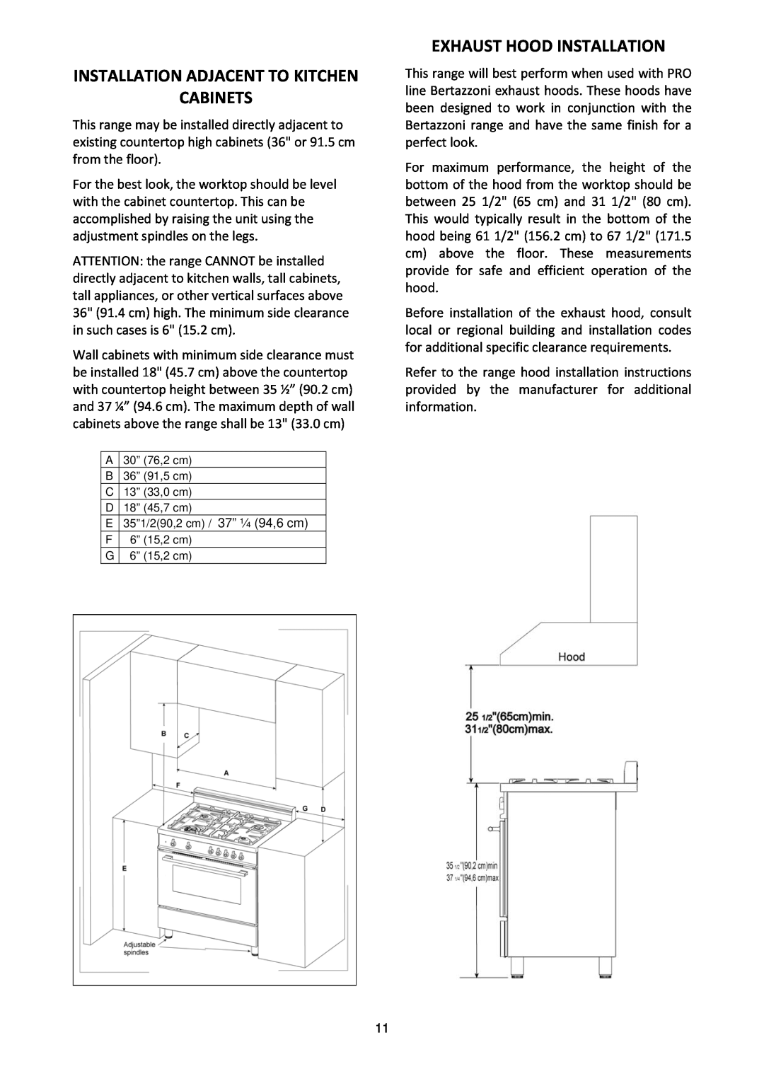 Bertazzoni PRO30 4 GAS RO, PRO30 4 GAS NE manual Installation Adjacent To Kitchen Cabinets, Exhaust Hood Installation 
