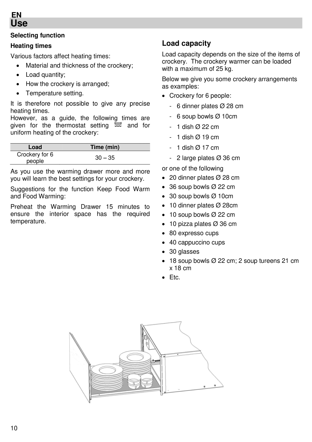 Bertazzoni WD60CONX/12, WD60PROX/12 instruction manual Load capacity, Selecting function Heating times 