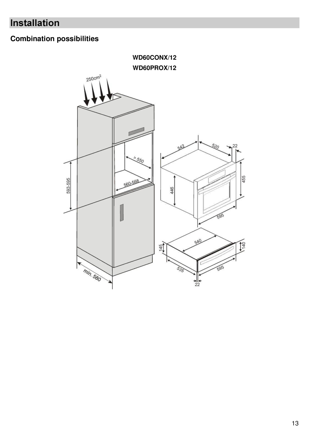 Bertazzoni WD60PROX/12, WD60CONX/12 instruction manual Installation, Combination possibilities 