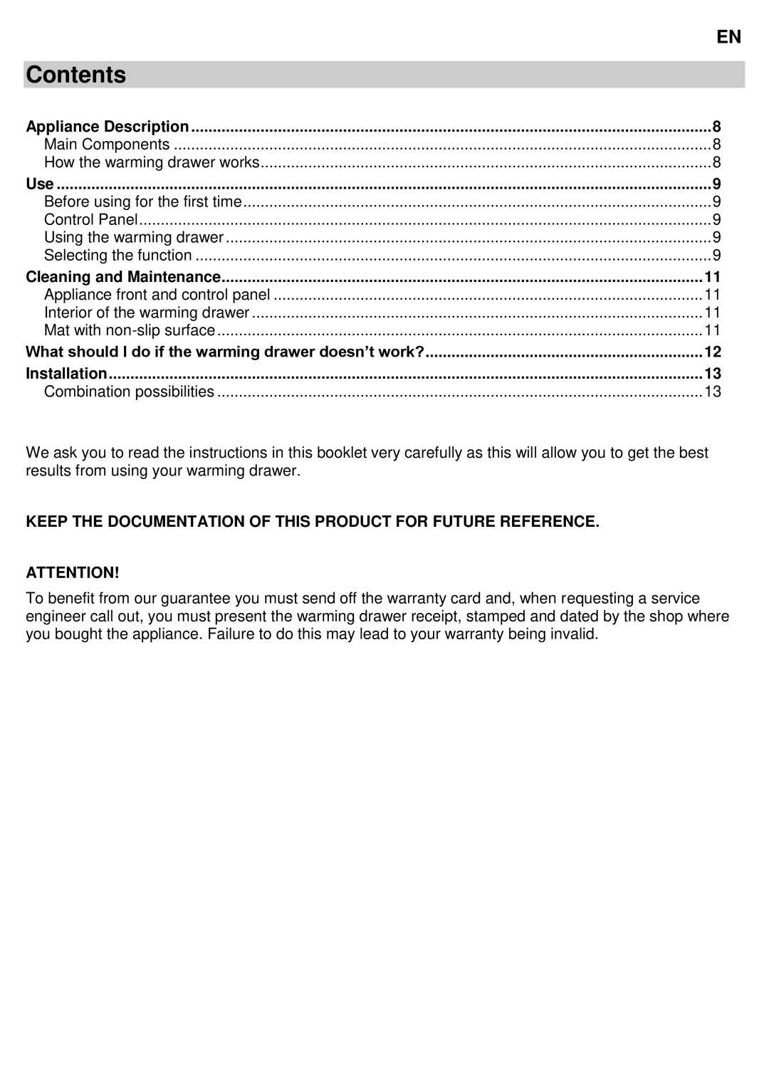 Bertazzoni WD60PROX/12, WD60CONX/12 instruction manual Contents 