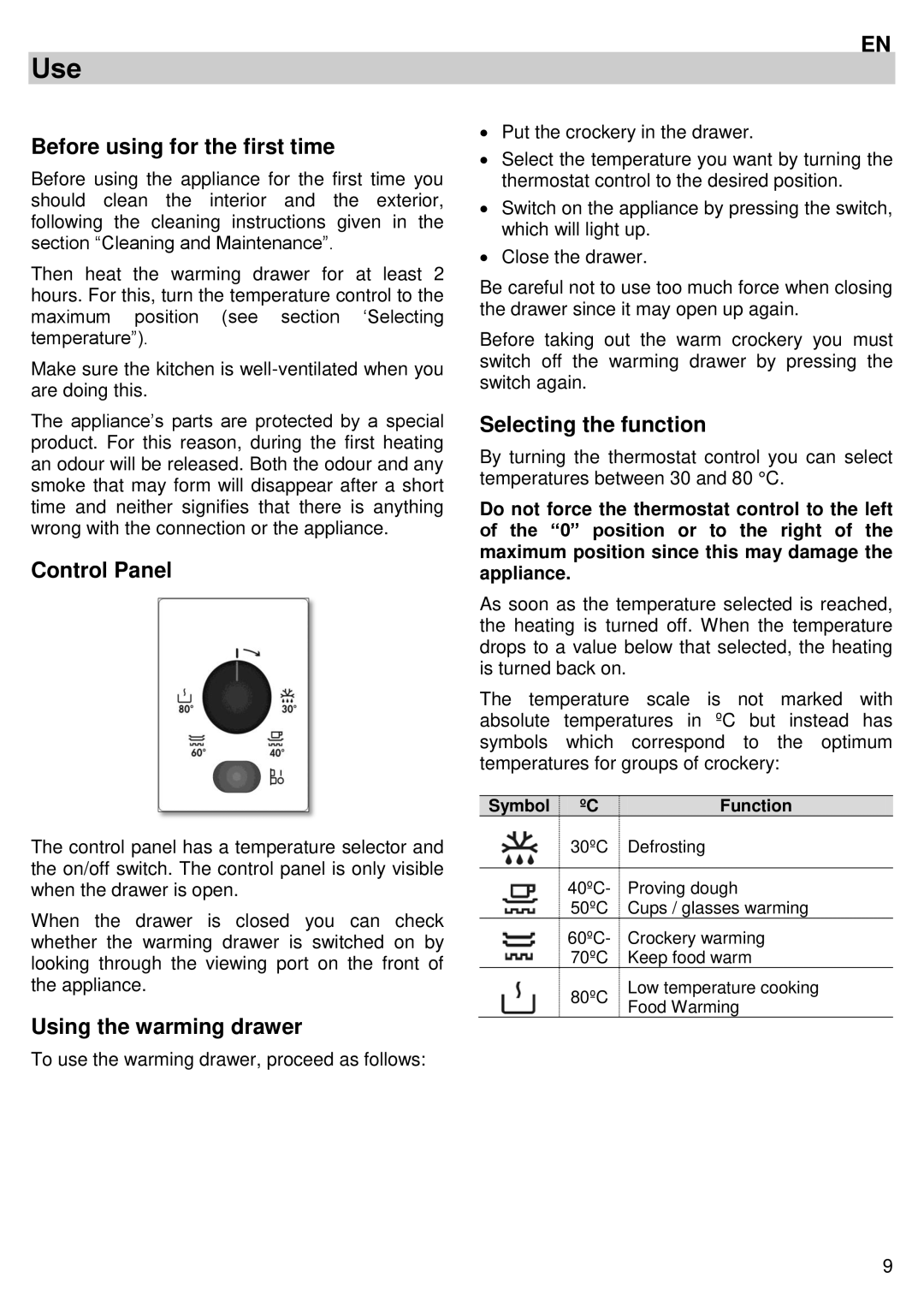 Bertazzoni WD60PROX/12, WD60CONX/12 Use, Before using for the first time, Control Panel, Using the warming drawer 