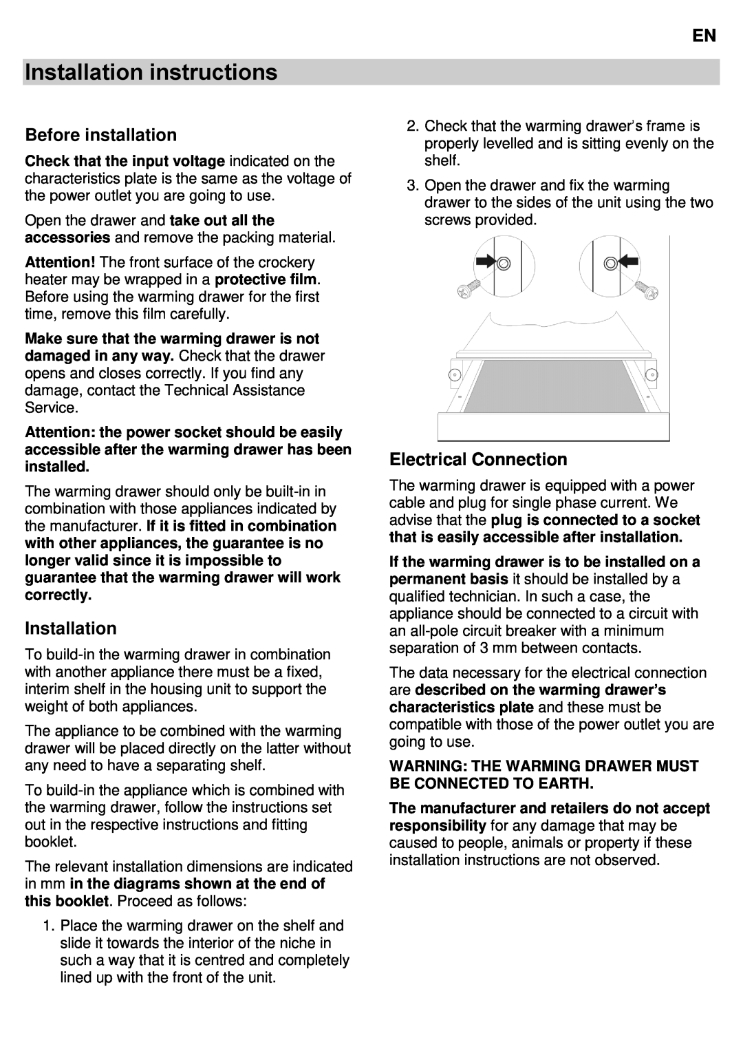 Bertazzoni WD60PROX/12, WD60CONX/12 instruction manual Installation instructions, Before installation, Electrical Connection 