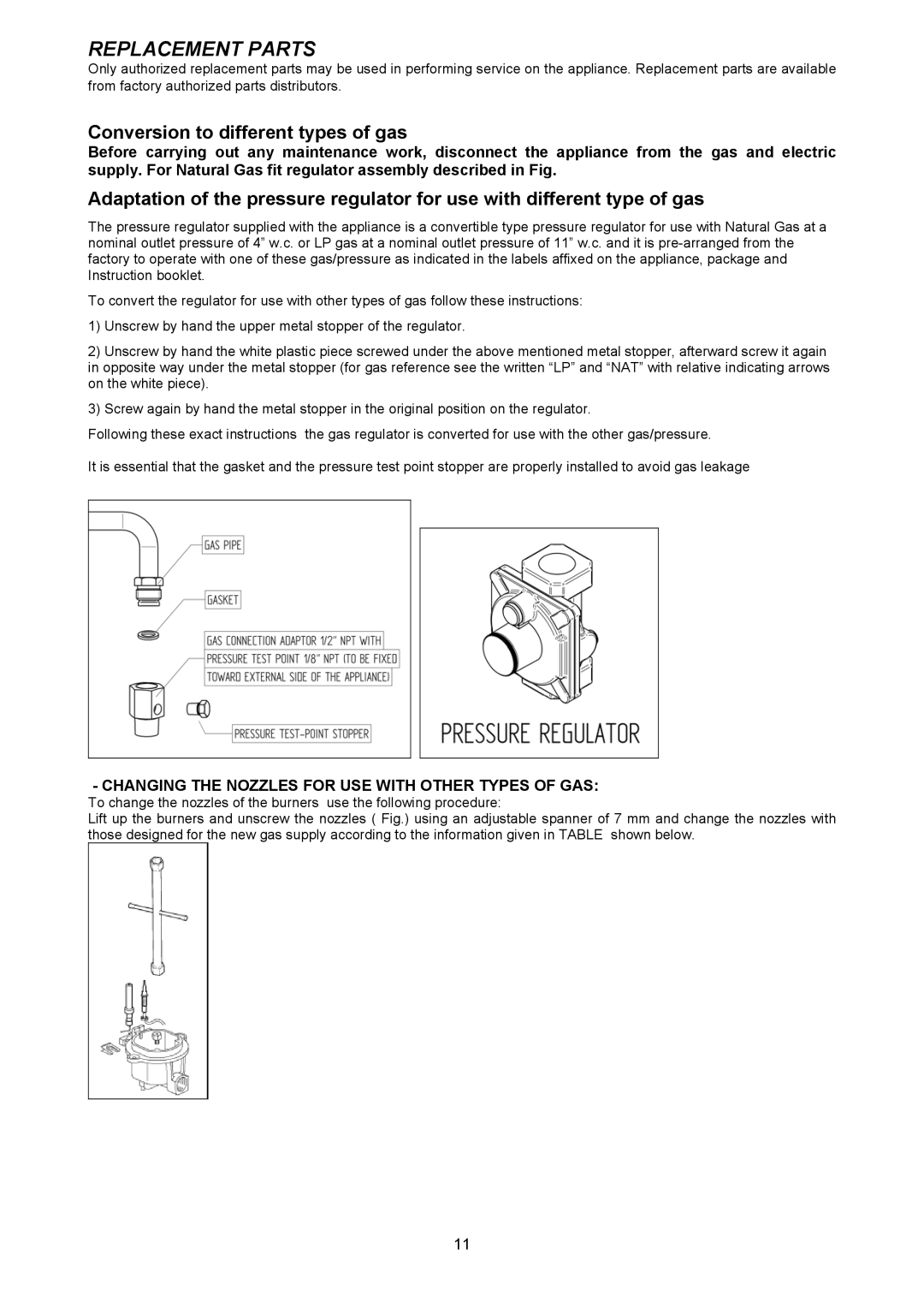 Bertazzoni X244GGVX dimensions Replacement Parts, Conversion to different types of gas 