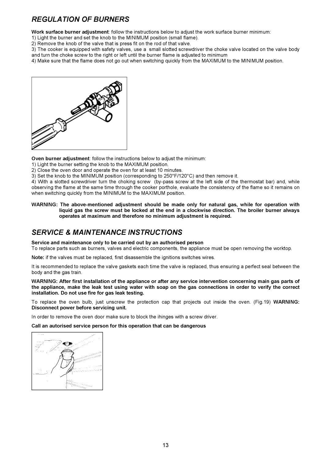 Bertazzoni X244GGVX Regulation of Burners, Service & Maintenance Instructions, Disconnect power before servicing unit 