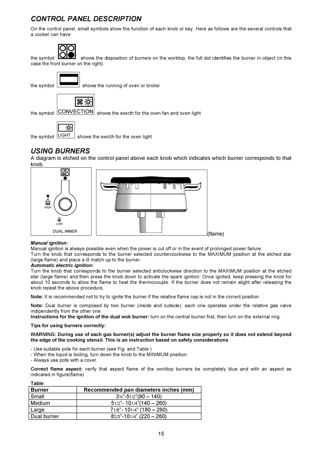 Bertazzoni X244GGVX dimensions Control Panel Description, Using Burners, Tips for using burners correctly 