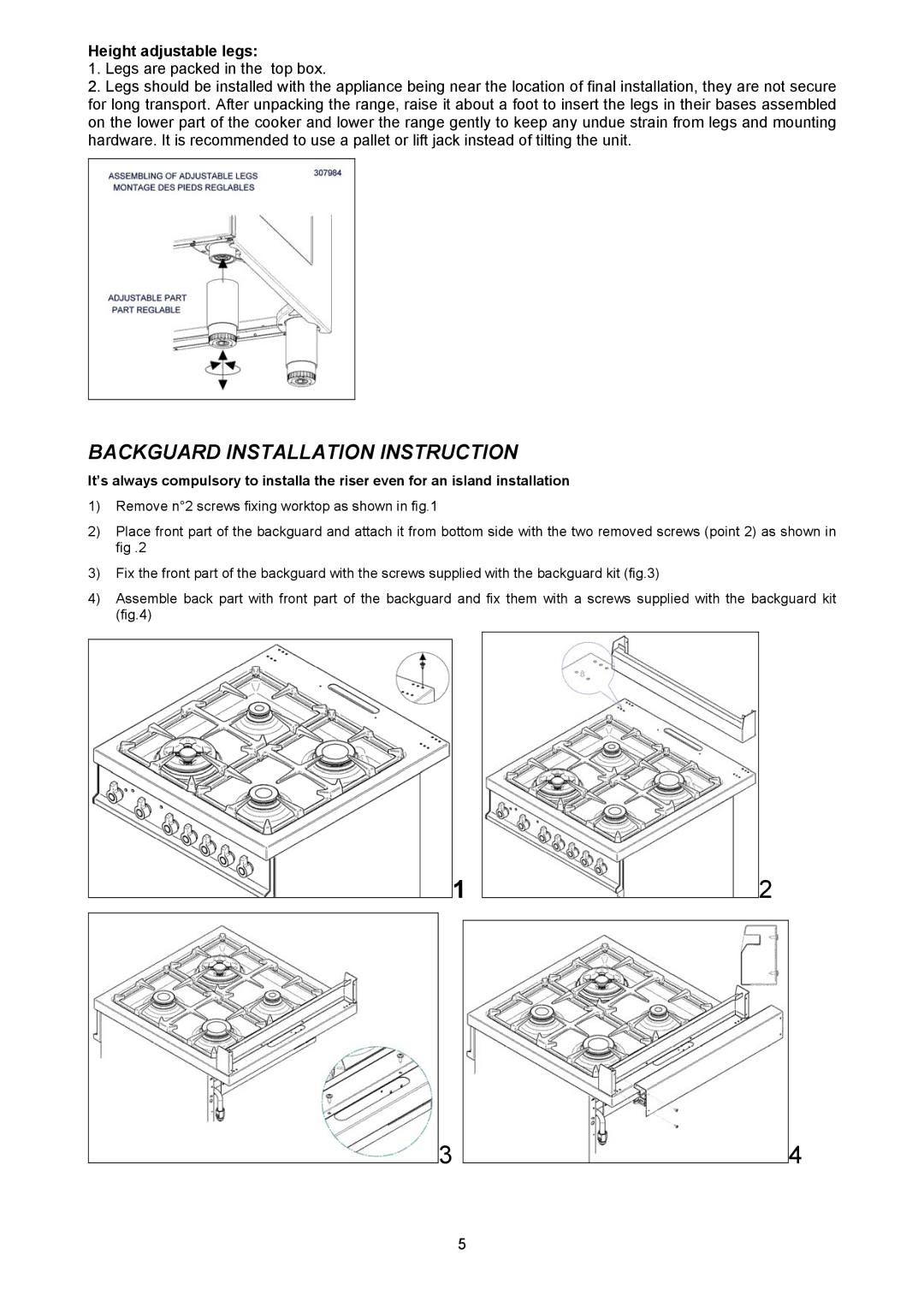 Bertazzoni X244GGVX dimensions Backguard Installation Instruction, Height adjustable legs 