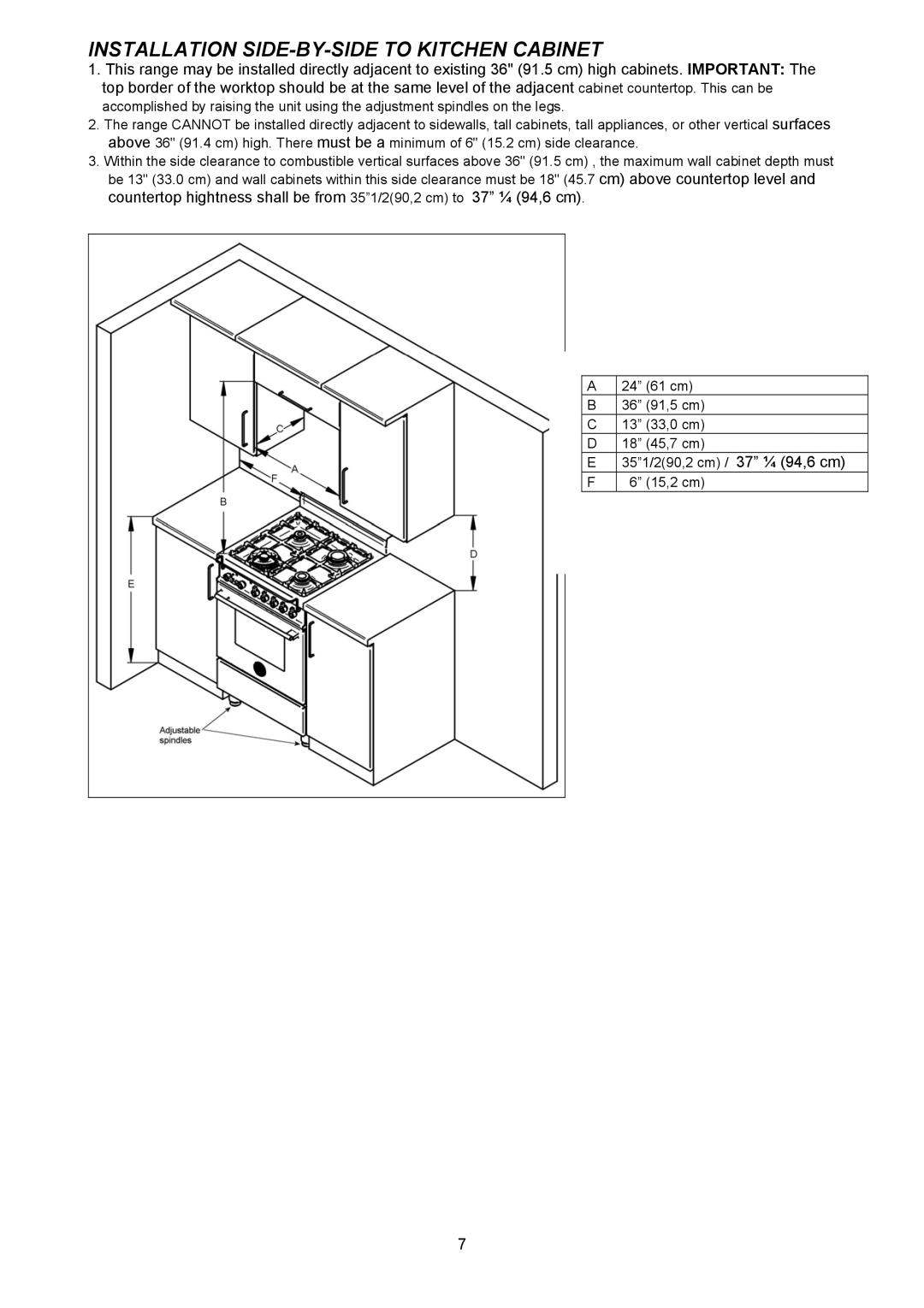 Bertazzoni X244GGVX dimensions Installation SIDE-BY-SIDE to Kitchen Cabinet 