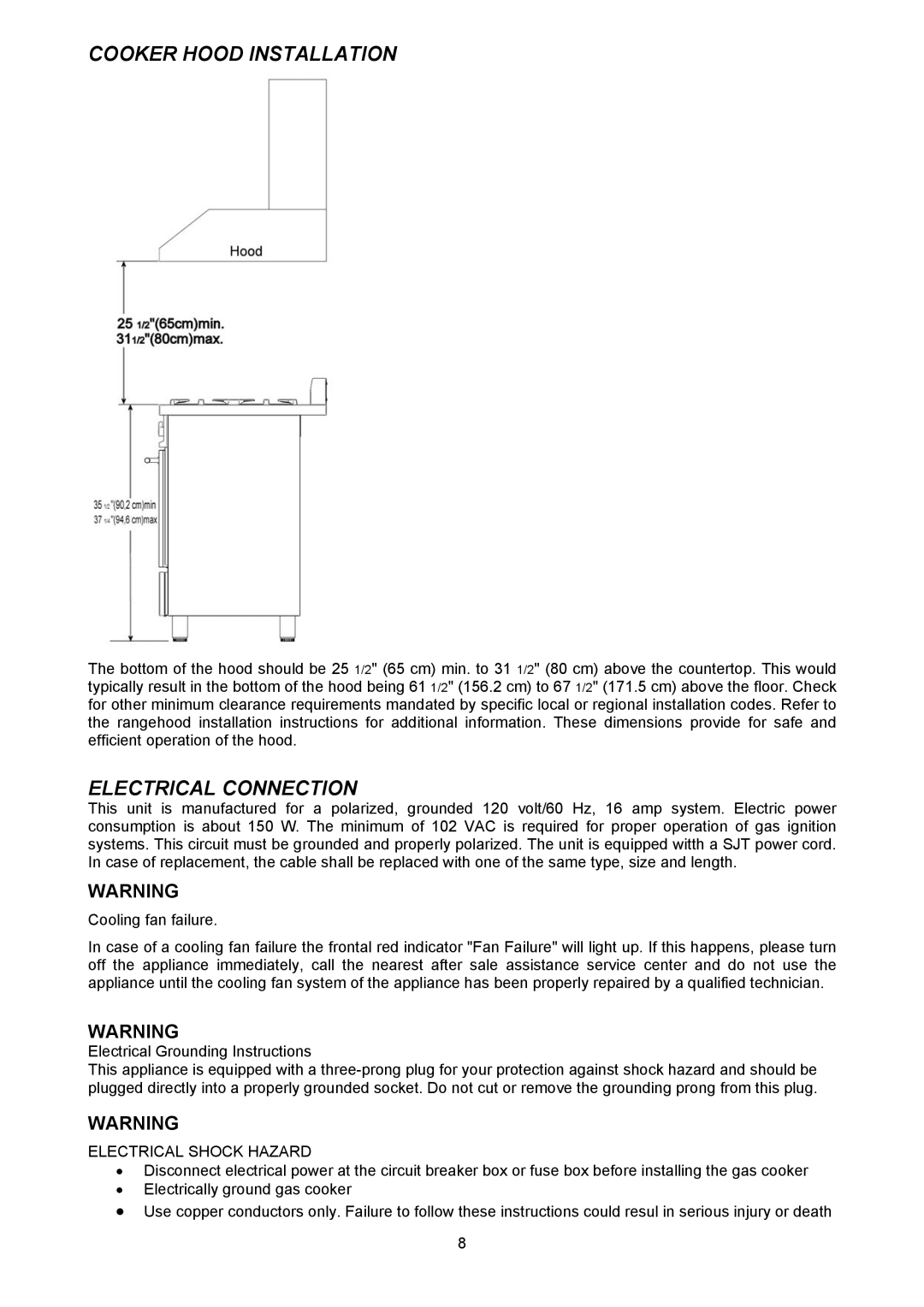 Bertazzoni X244GGVX dimensions Cooker Hood Installation, Electrical Connection 