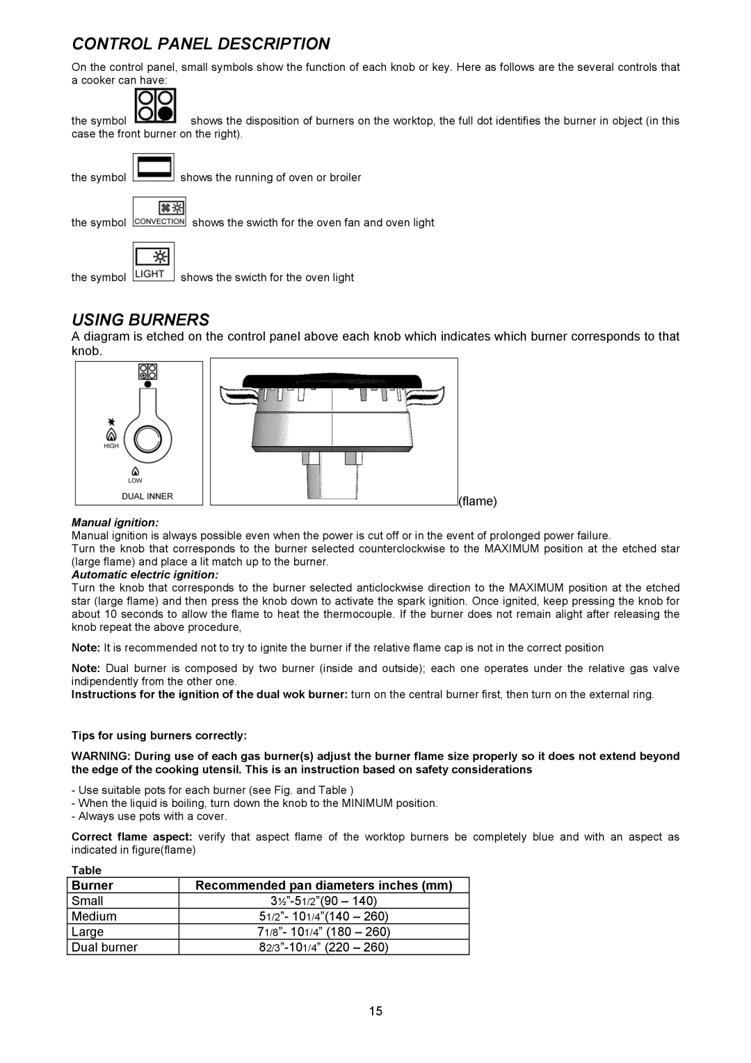 Bertazzoni X304GGVCR, X304GGVBI, X304GGVVI, X304GGVRO, X304GGVVE, X304GGVNE, X304GGVGI Control Panel Description, Using Burners 