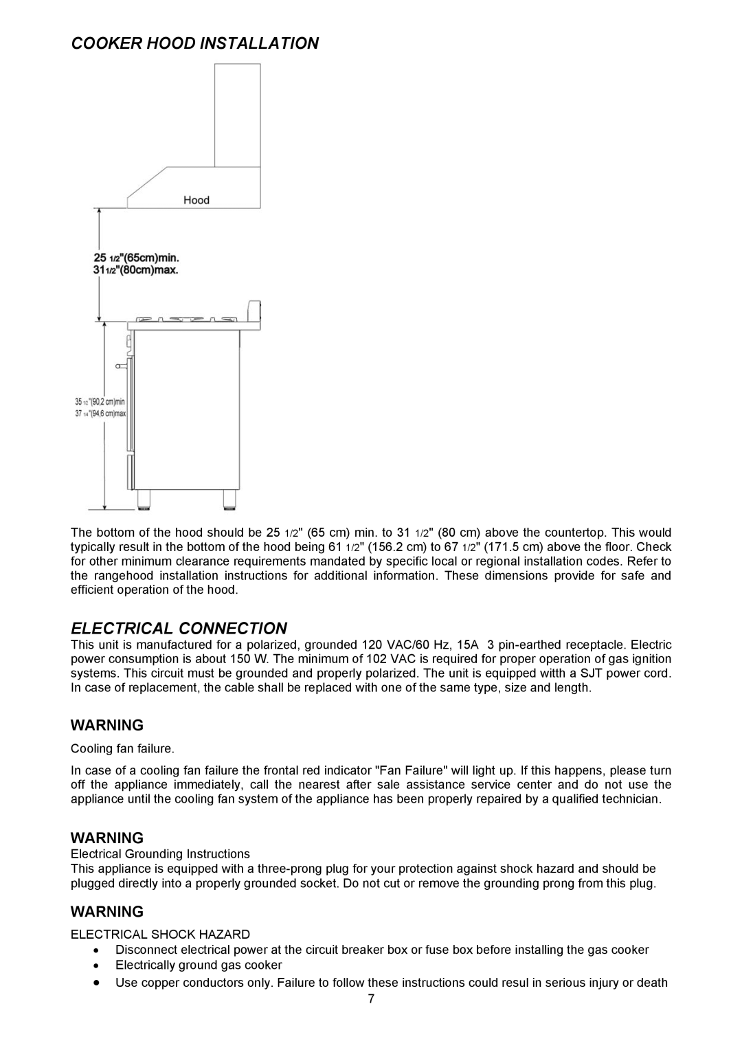 Bertazzoni X304GGVCR, X304GGVBI, X304GGVVI, X304GGVRO, X304GGVVE, X304GGVNE Cooker Hood Installation, Electrical Connection 