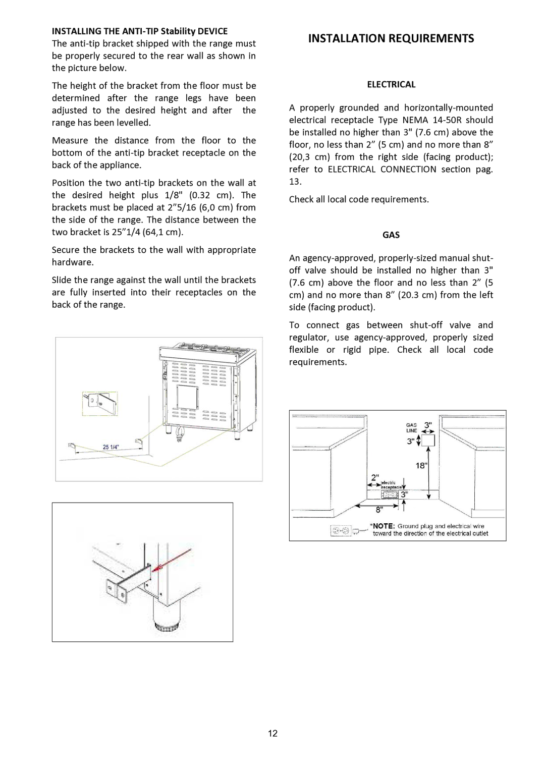 Bertazzoni X304PIRCR, X304PIRGI, X304PIRVE, X304PIRNE, X304PIRBL, X304PIRRO manual Installation Requirements, Electrical, Gas 