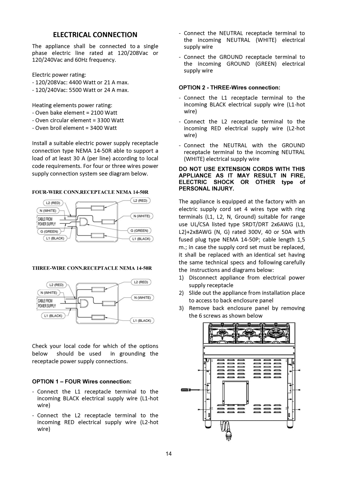 Bertazzoni X304PIRRO, X304PIRGI, X304PIRVE, X304PIRNE, X304PIRCR, X304PIRBL, X304PIRX, X304PIRVI, X304PIRBI Electrical Connection 