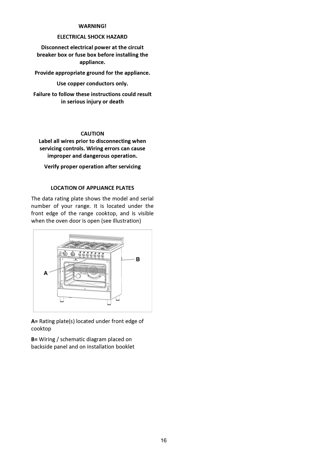 Bertazzoni X304PIRVI, X304PIRGI, X304PIRVE, X304PIRNE, X304PIRCR manual Electrical Shock Hazard, Location of Appliance Plates 