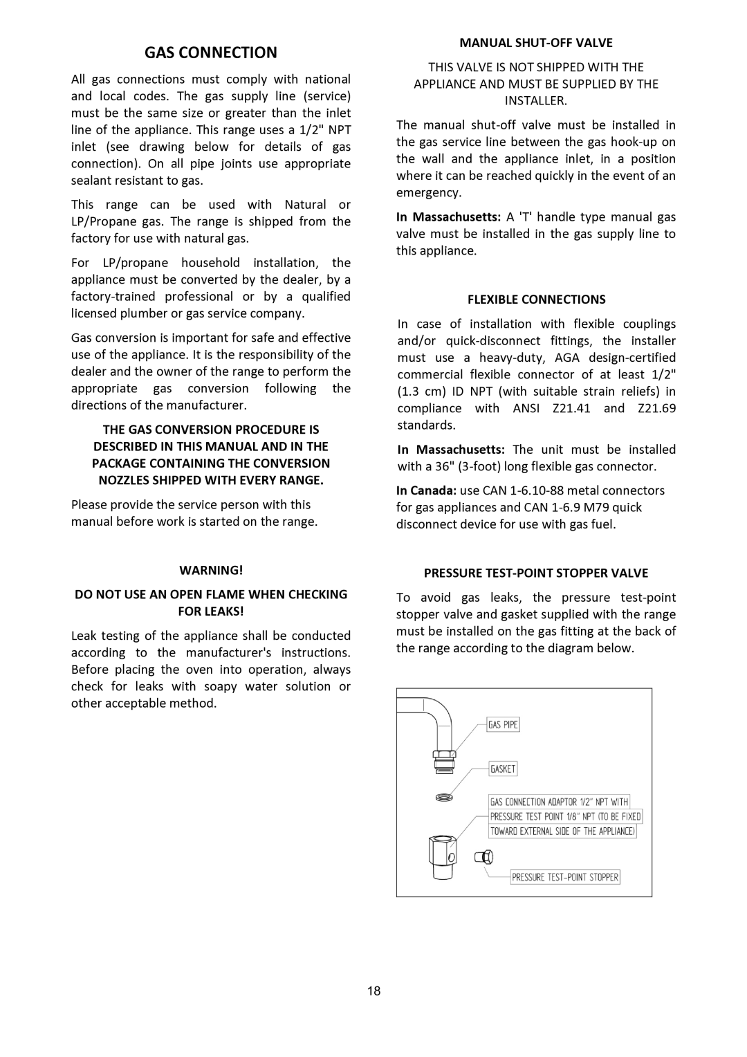 Bertazzoni X304PIRGI, X304PIRVE GAS Connection, Do not USE AN Open Flame When Checking For Leaks, Manual SHUT‐OFF Valve 