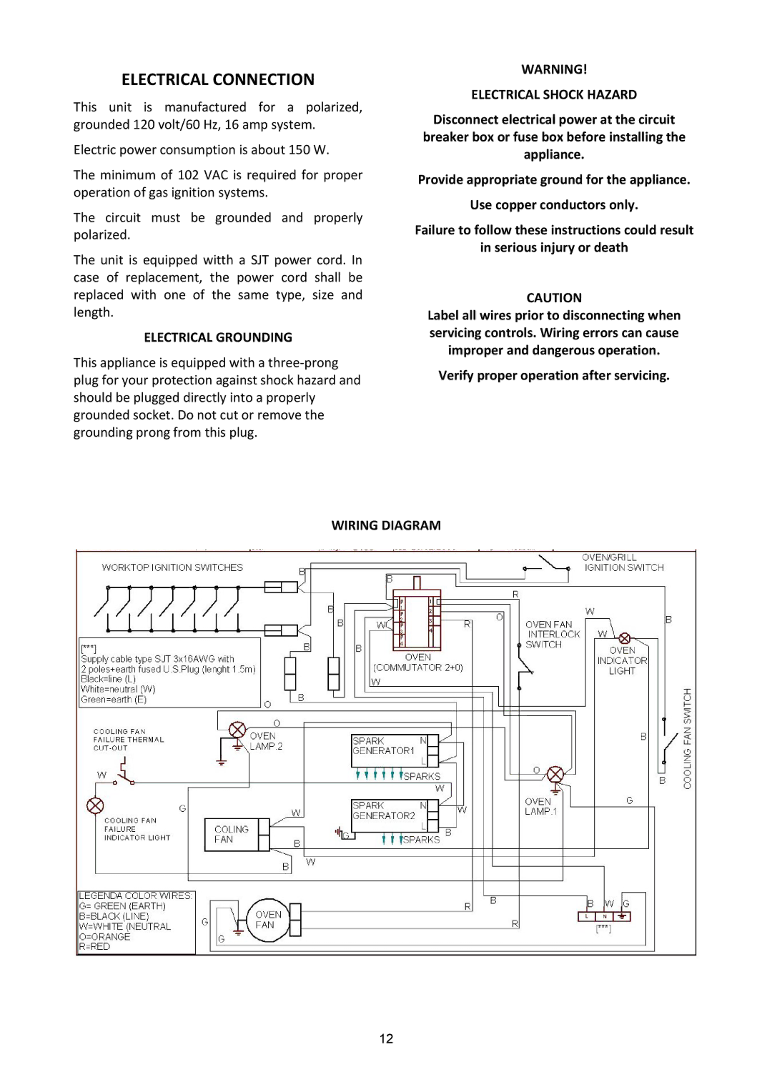 Bertazzoni X365GGVGI, X365GGVCR manual Electrical Connection, Electrical Grounding, Electrical Shock Hazard, Wiring Diagram 