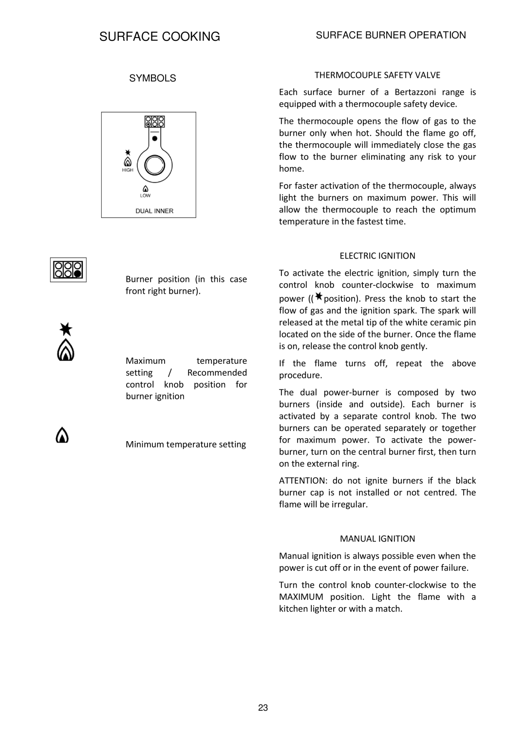 Bertazzoni X365GGVBI, X365GGVGI, X365GGVCR manual Surface Cooking, Symbols, Surface Burner Operation 