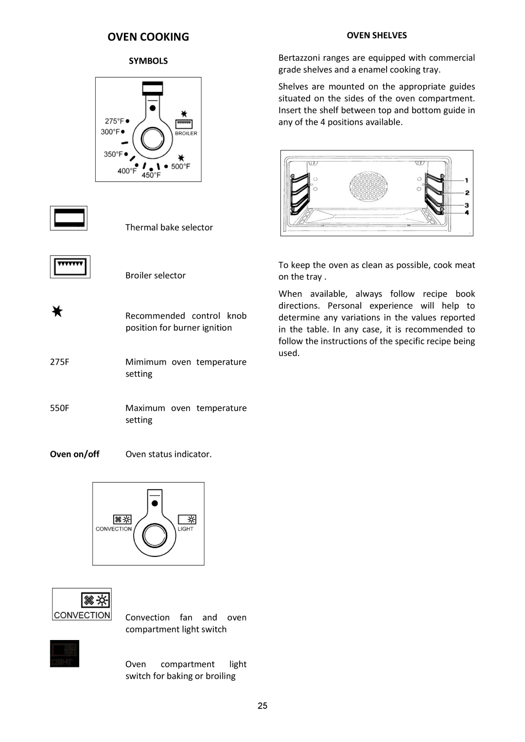 Bertazzoni X365GGVCR, X365GGVGI, X365GGVBI manual Oven Cooking, Oven Shelves 