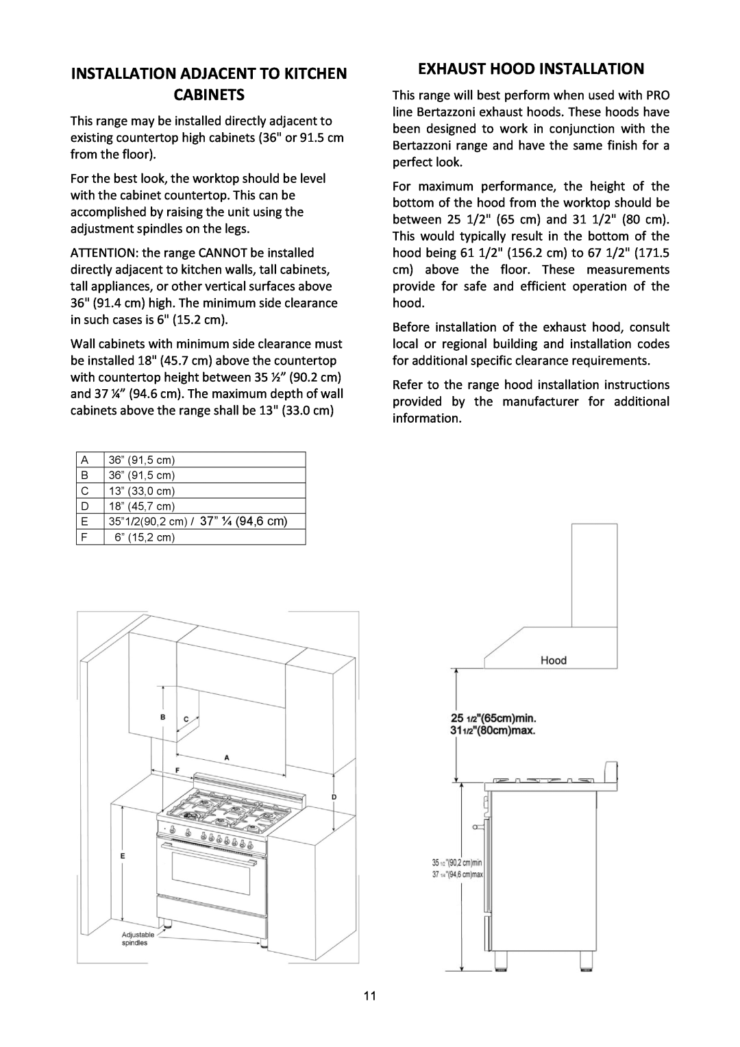Bertazzoni X365GGVBI, X365GGVGI, X365GGVCR manual Installation Adjacent To Kitchen Cabinets, Exhaust Hood Installation 