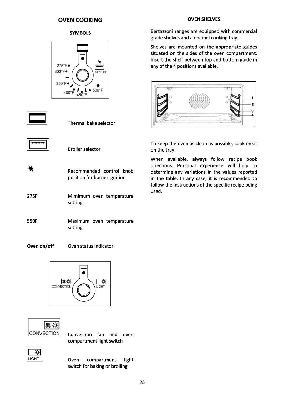 Bertazzoni X365GGVCR, X365GGVGI, X365GGVBI manual Oven Cooking, Oven on/off, Oven Shelves, Symbols 