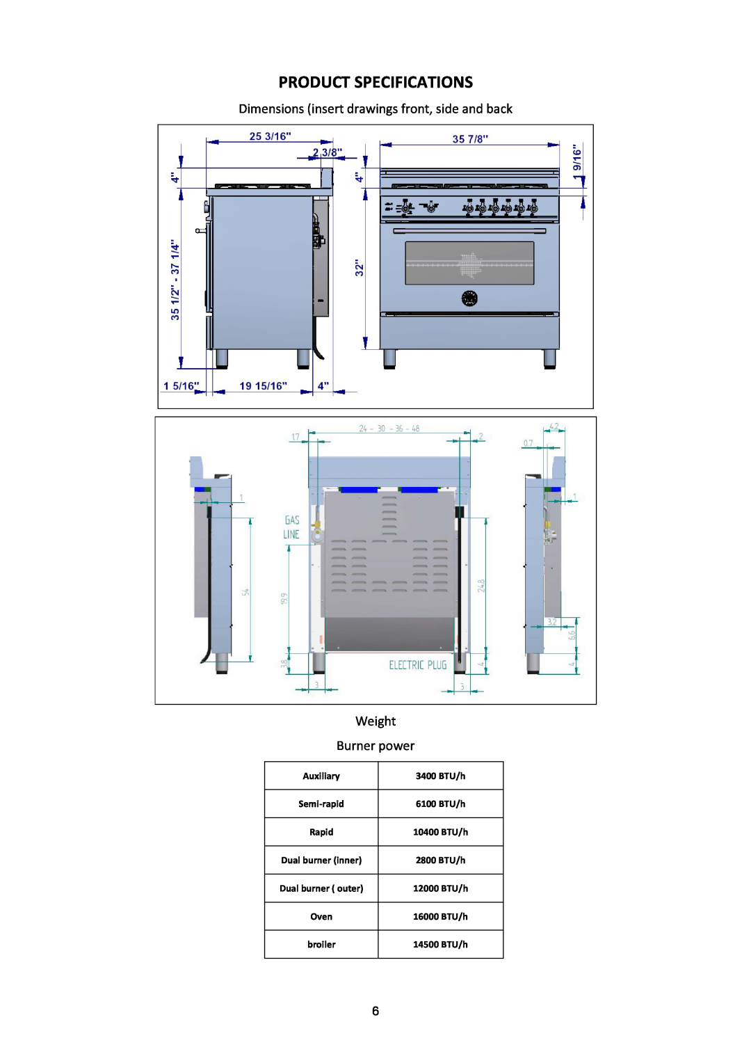 Bertazzoni X365GGVGI manual Product Specifications, Dimensions insert drawings front, side and back, Weight Burner power 